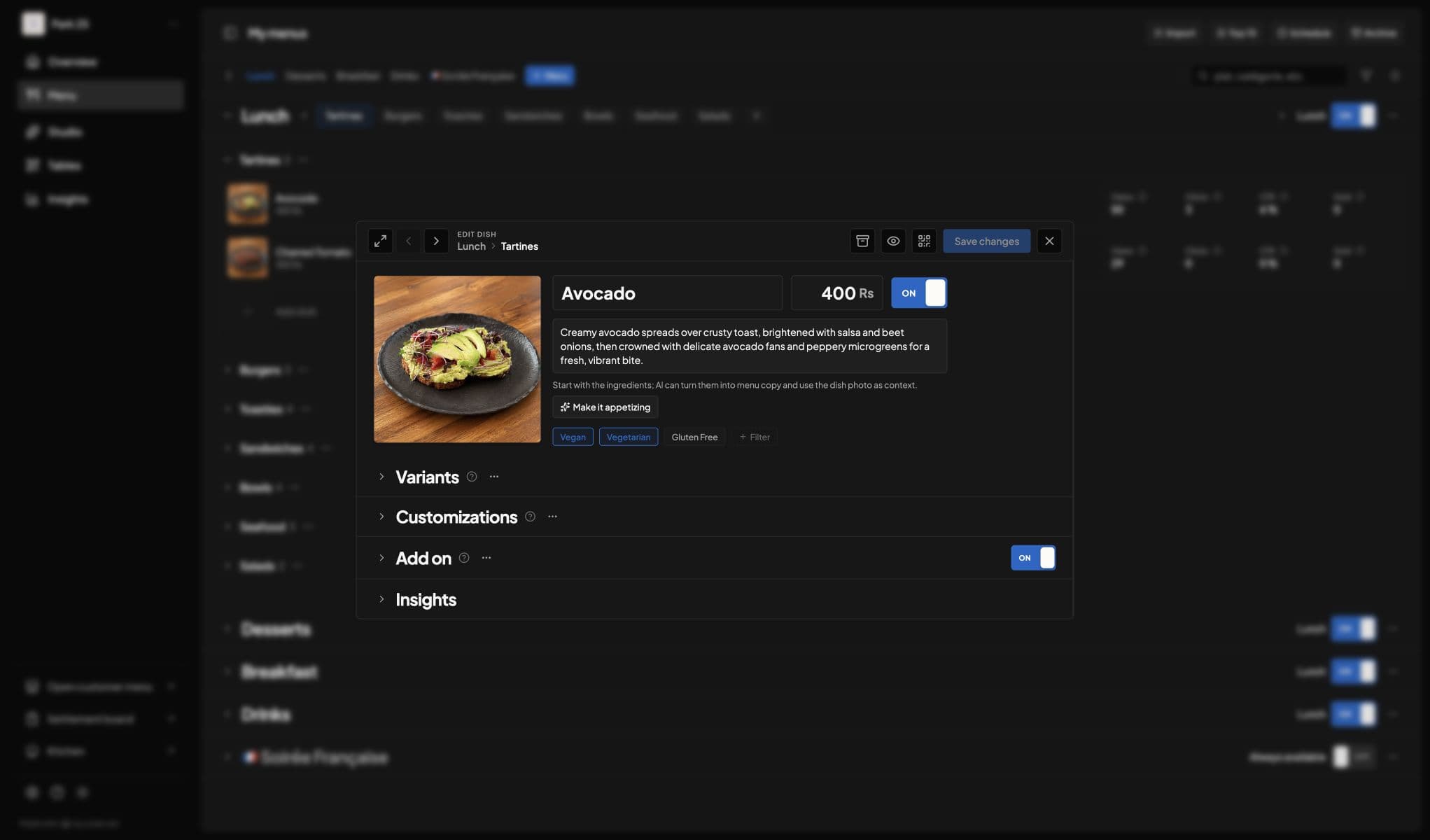 Éditeur Edit dish avec la photo, le nom, le prix, la description et les réglages du produit