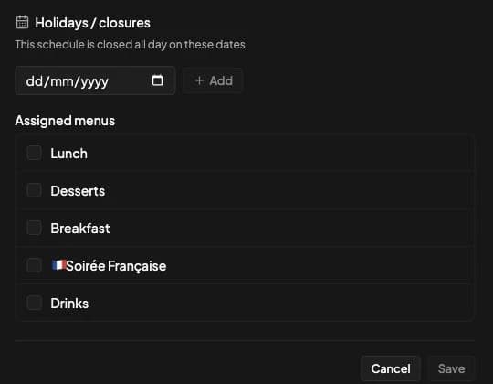Zones Holidays closures et Assigned menus avec la date de fermeture et la liste des menus