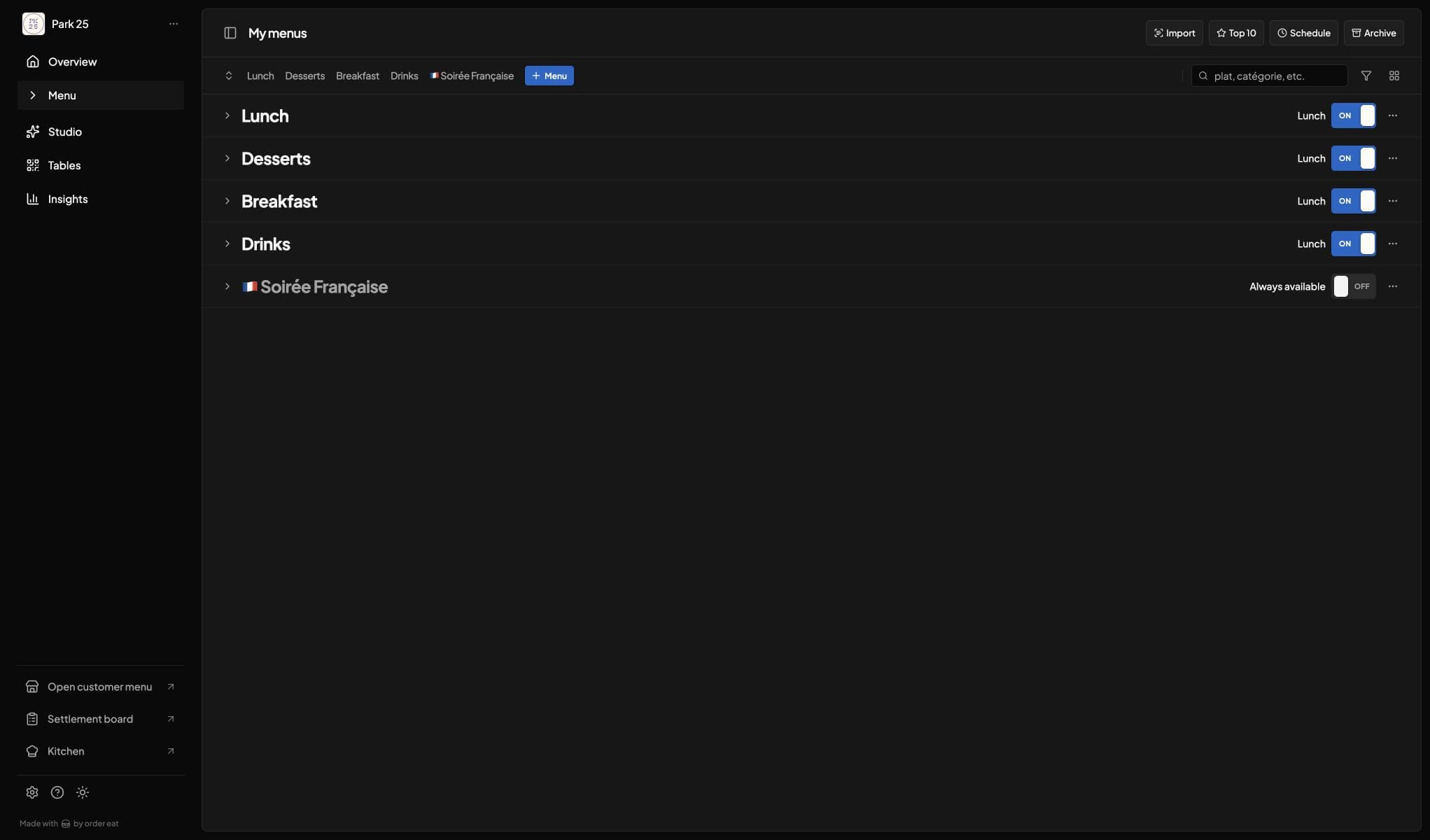Vue d’ensemble de la page My menus avec les menus, les créneaux et les actions principales