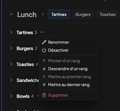 Menu d’actions de la catégorie avec Renommer, Désactiver, Déplacer vers un menu et Supprimer
