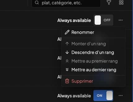 Menu d’actions d’un menu avec Renommer, Menu de boissons, les commandes de déplacement et Supprimer